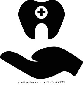 Una mano que sostiene el diente con el símbolo de la cruz, diseño médico del icono del negro y blanco
