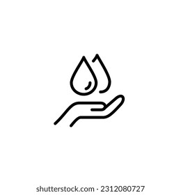 One hand holding water energy. Vector line icon black and white with green eco energy theme