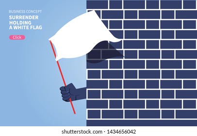 One hand holding a white flag sticking out from behind the wall