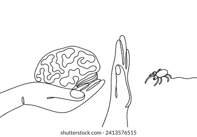 One hand holds the brain, and the other protects it from the encephalitis mite. Prevention of encephalitis. Images produced without the use of any form of AI software at any stage. 