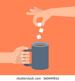 In one hand holds coffee cup, the other hand adds sugar cubes. Coffee time, coffee break concept. Isolated vector illustration flat style.