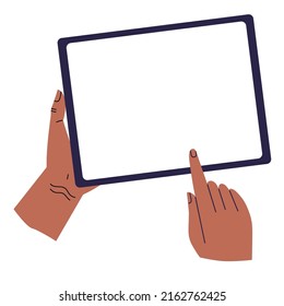 One hand holds a computer tablet, the other points a finger at a blank screen. A black user holds a tablet and points to the screen. Tablet layout isolated on white background. Flat vector.