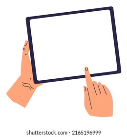 Eine Hand hält ein Computertablett, die andere zeigt einen Finger auf einen leeren Bildschirm. Tablet-Layout einzeln auf weißem Hintergrund. Der Benutzer hält das Tablett und zeigt auf den Bildschirm. Flacher Stil. Vektorgrafik.