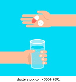 In one hand holds glass of water, the other hand holds pills. Healthcare, medication  concept. Isolated vector illustration flat style.