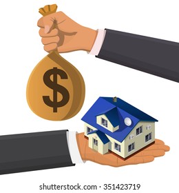 One hand holds a house, second hand buys his money bag. Flat 3d isometric creative  real estate sale web infographics concept. Home loan. Isometric illustration