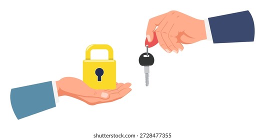 One hand holds lock and other key. Opening up new possibilities. Data encryption password. Secret safety. Arm gives latchkey. Padlock keyhole. Access authentication. Vector concept of solving problem.