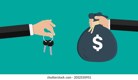 One hand holds a money bag and the other holds the keys. Deal selling and buying. Exchange money and goods. Buying the house, car, property. Rental Property. Trading money and property concept.