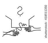 One hand holds the open box and the other hand removes string (ribbon). Above the box question mark. Simple stylized vector drawing.