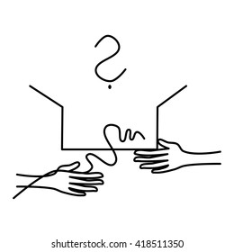 One hand holds the open box and the other hand removes string (ribbon). Above the box question mark. Simple stylized vector drawing.