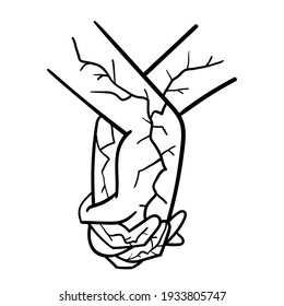 One hand holds the other, contour drawing in black color isolated on white background, stock vector illustration for design and decoration, print, pattern, crack, kintsugi