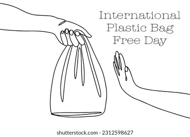 One hand holds out a plastic bag, and the other refuses. Refusal to pollute the environment. International Plastic Bag Free Day. One line drawing for different uses. Vector illustration.