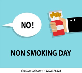 one hand holds a pack of cigarettes and offers to smoke and hears a refusal in response
