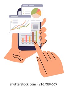 One hand holds a phone with graphs and charts. The other hand touches the screen with a finger. Concept business or personal budget, balance of expenses and income, statistics and analysis. Vector.