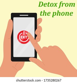 One hand holds the phone, the other simulates pressing the phone's power button.The concept of time for a digital detox.