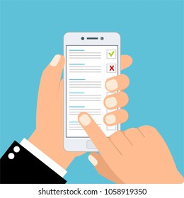 One hand holds smartphone and finger touch checklist on screen. Flat vector illustration.