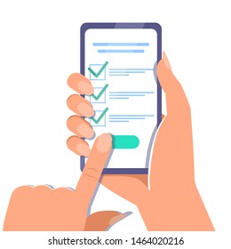 One hand holds smartphone and finger touch checklist on screen. Online survey concept. Checklist on tablet display, checkboxes with check mark. List of purchases, tasks, to do, wish list banner