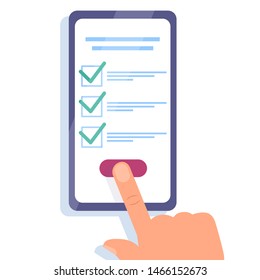 One hand holds smartphone and finger touch checklist on screen. Online survey concept. Checklist on tablet display, checkboxes with check mark. List of purchases, tasks, to do, wish list banner