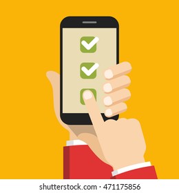 One hand holds smartphone and finger touch checklist on screen. Flat vector illustration.