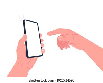 One hand holds a smartphone and the other touches the screen. Mockup for your text, app. Vector illustration.