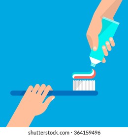 In one hand holds toothbrush, the other hand holds tube of a toothpaste. Hygiene and teeth care concept. Isolated vector illustration flat design.