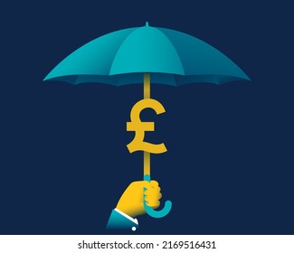 One hand holds an umbrella made with the Pound sign. Income safe. Money protection concept. Investments. Safety business. Money Rain. Money protection. Vector illustration.