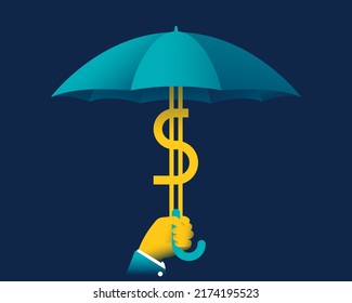 One hand holds an umbrella made with the Dollar sign. Income safe. Money protection concept. Investments. Safety business. Money Rain. USA money protection. Vector illustration.