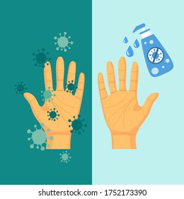 One hand infected by virus cells or germs. The other hand clean from sanitizer alcohol hand gel. Prevent hand from Covid-19 coronavirus pandemic disease concept.