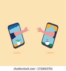 one man’s hand in isolation at home, peeks out of the phone and reaches for the other hand from a smartphone that is at home