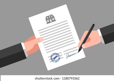 One hand is keeping a document, and another hand is keeping a pen. House icon above the text. Signing of contract. Real estate business and realty insurance