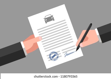 One hand is keeping a document, and another hand is keeping a pen. Car icon above the text. Signing of contract. Vehicle business and insurance