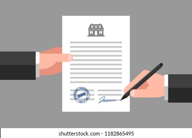 One hand is keeping a document, and another hand is keeping a pen. House icon above the text. Signing of contract. Real estate business and realty insurance