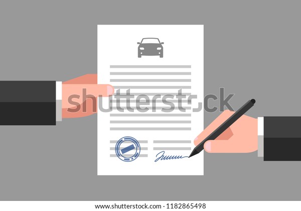 One hand is keeping a document, and another\
hand is keeping a pen. Car icon above the text. Signing of\
contract. Vehicle business and\
insurance