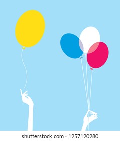 One Hand Letting Go The Ballon And Another One Holding Tight The Balloons. Vector Illustration.