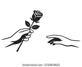 Una mano ofrece una rosa, mientras que otra llega a recibirla, expresando afecto, cuidado y conexión emocional. El momento simboliza el romance, la bondad, el dar, la confianza y las relaciones humanas significativas.
