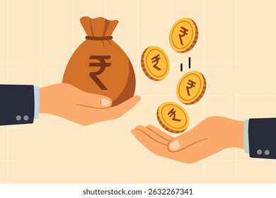 One hand offers a rupee bag while another receives coins, symbolising transactions