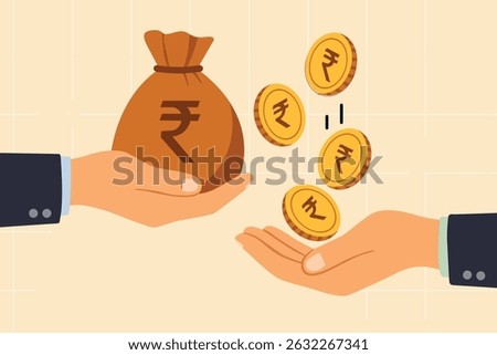 One hand offers a rupee bag while another receives coins, symbolising transactions