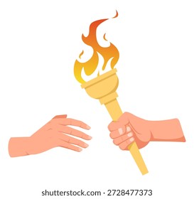 Uma mão passa a tocha queimando para o outro braço. Passando o gesto do bastão. Fogo olímpico. Vitória do campeonato de fogo de lanterna. Torneio esportivo. Combustão de Flambeau. Competição atlética. Conceito de vetor
