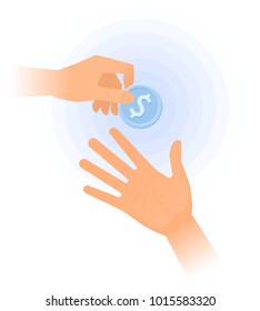 One hand passes to the other the coin. Flat vector illustration of one hand holding a silver dollar gives it to the other hand. Design concept of money, salary, charity, corruption, gift, bribe. 