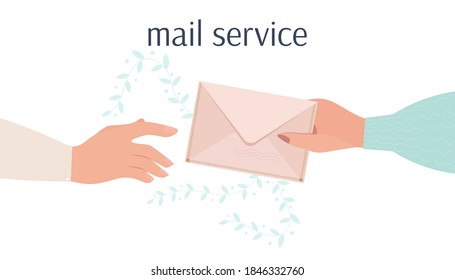 One hand passes the post envelope to the other hand as a symbol mail service. E-mail concept. Vector illustration in cartoon flat style