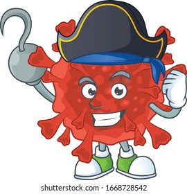 One hand Pirate cartoon design style of red corona virus wearing a hat