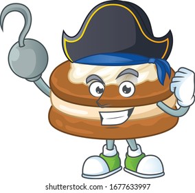 One hand Pirate cartoon design style of white cream alfajor wearing a hat