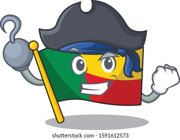 one hand Pirate flag benin Scroll cartoon style with hat