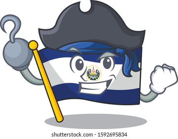 one hand Pirate flag el salvador Scroll cartoon style with hat