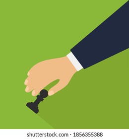 one hand player hold black chess piece figure illustration & play a strategy game. intelligence & professional movement vector. checkmate closeup & pawn. smart competition. think & plan your success