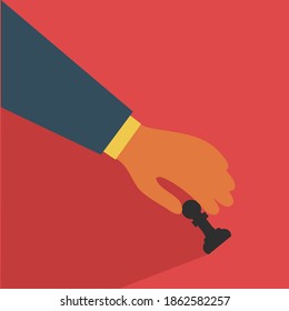one hand player hold black chess piece figure illustration. play a strategy game. intelligence professional movement vector. checkmate closeup on pawn. smart competition. think or plan your success 