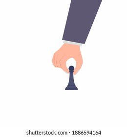 One hand player hold black chess piece figure. Modern flat style concept vector illustration isolated on white. Victory in battle background. Intelligence professional movement flat cartoon style