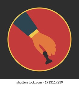 one hand player hold black chess piece figure illustration. play a strategy game. intelligence professional movement vector. checkmate closeup on pawn. smart competition. think or plan your success