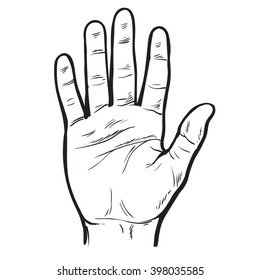 One hand raised palm toward viewer, shows five fingers, a black and white sketch illustration isolated on background, vector