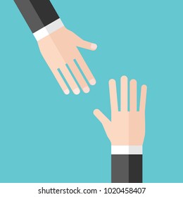 One hand reaching upwards to another. Support, help, problem and solution concept. Flat design. Vector illustration, no transparency, no gradients