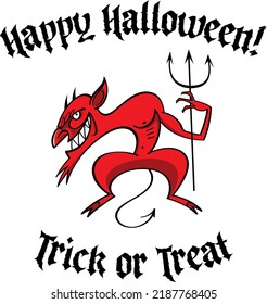 One hand red devil with pitchfork - happy Halloween holiday image. Scary and spooky character, illustration for greeting card. Isolated on white background.